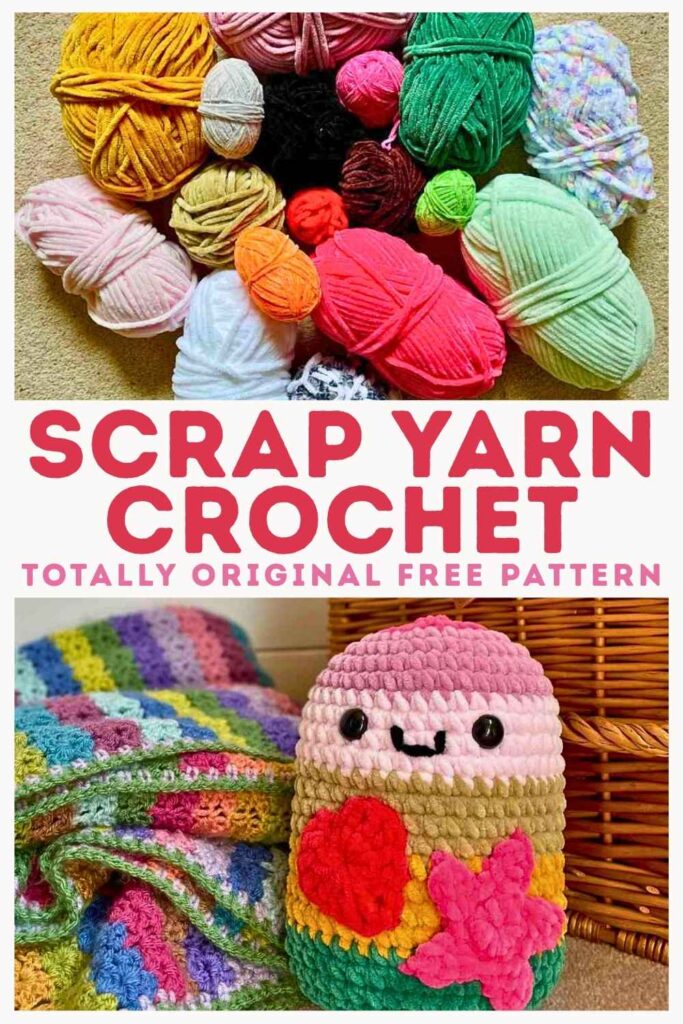 photo of scrap yarn crochet toy and different colored yarn