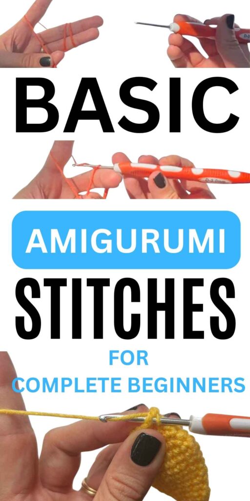 photo of hands working basic amigurumi stitches with crochet hook and yarn