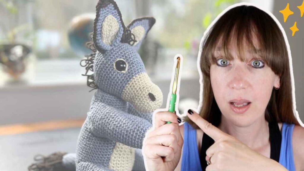 lucy kate crochet pointing at her hook with a faded picture of a crochet donkey behind her