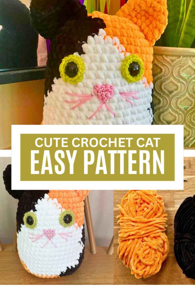 photos of a cute crochet calico cat