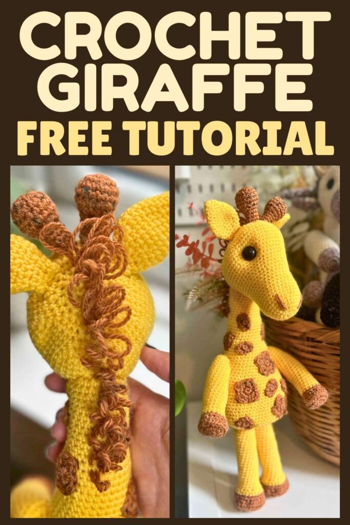 photos of a crochet giraffe front and back views