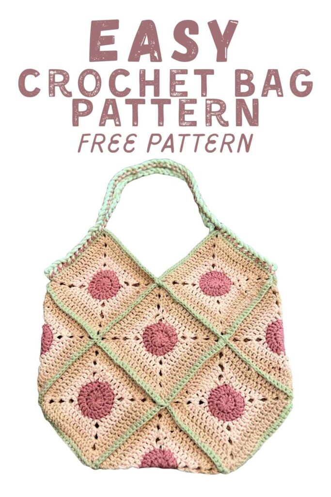 photo of an easy crochet bag in beige yarn with pink spots