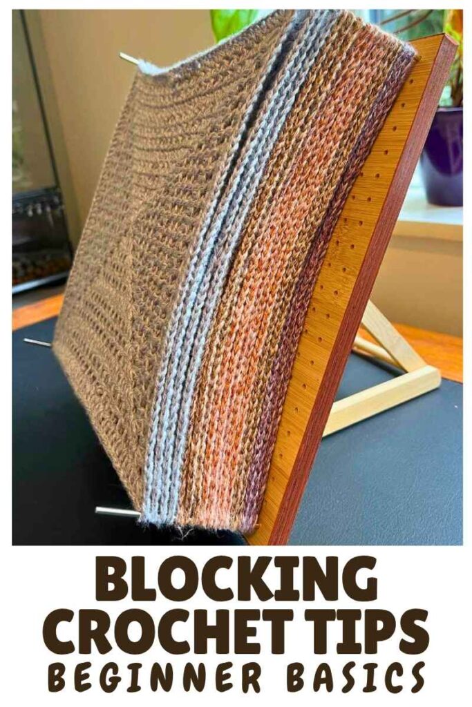 photo of crochet squares on a blocking board