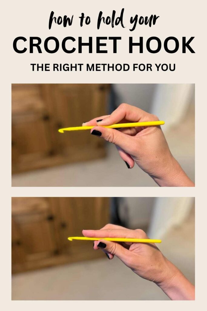 two photos of a hand gripping a crochet hook