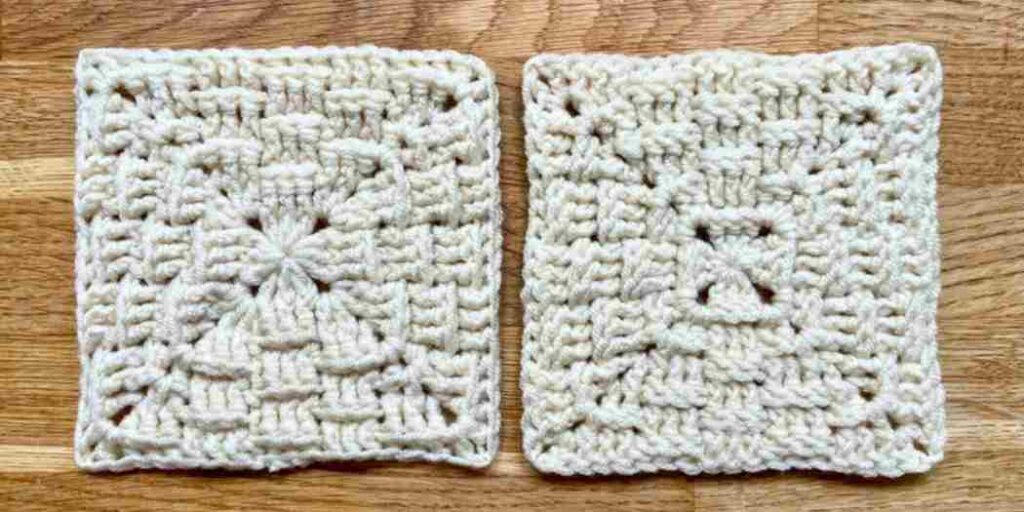 front and reverse of a finished basket weave stitch granny square