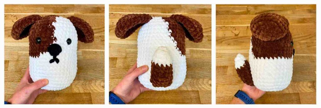 completed squishy crochet puppy from the front, back and side