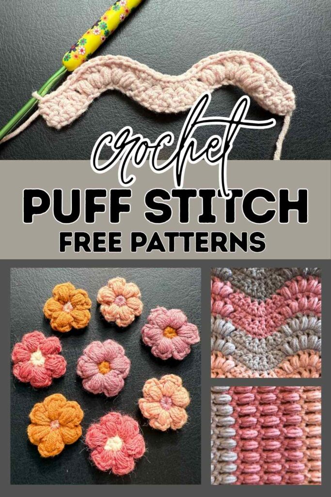 photos of puff stitch crochet flowers, rows and ripples