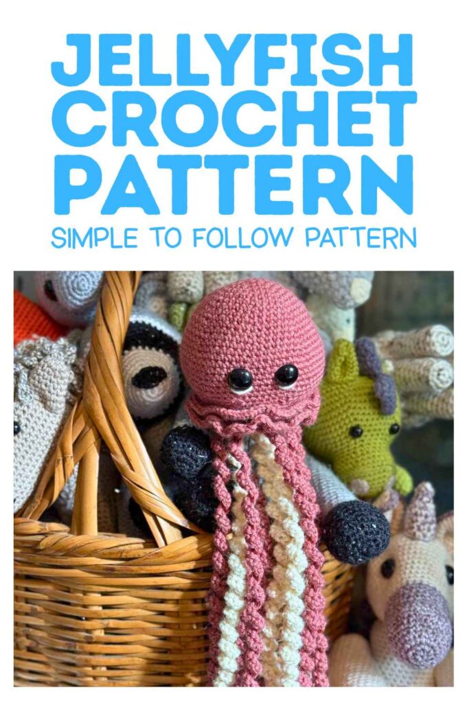photo of a crochet jellyfish in a basket full of crochet toys