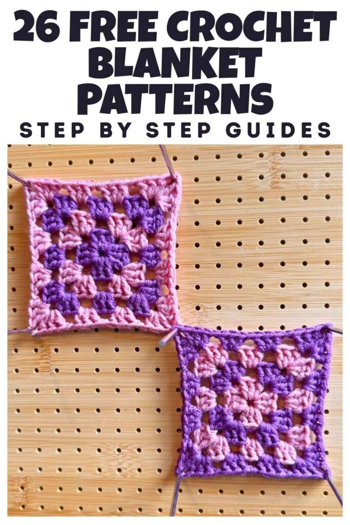photo of two crochet granny squares on a blocking board