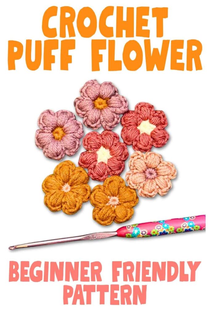 photo of crochet puff flowers and a crochet hook