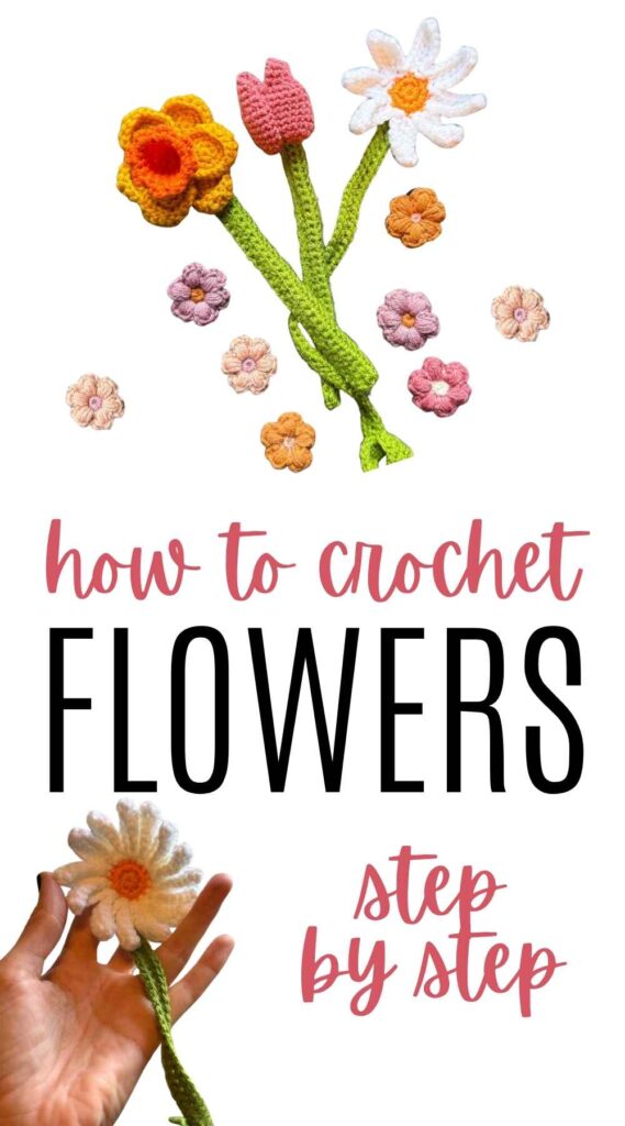 photos of crochet flowers on a white background