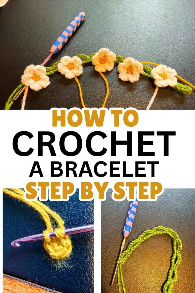 photos of crochet bracelet stages in construction