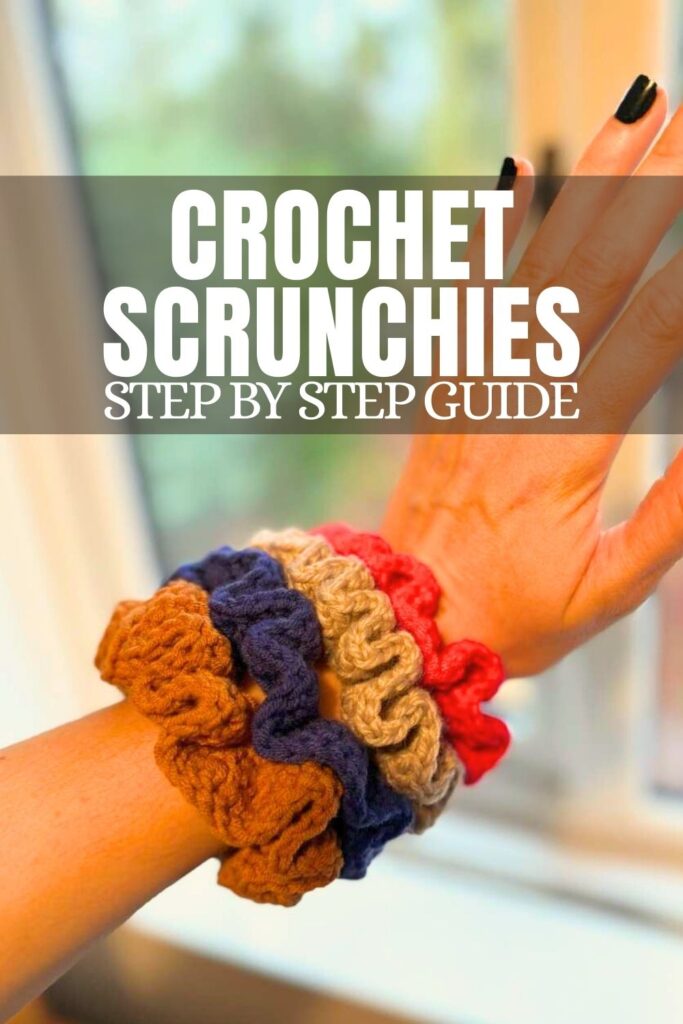 photo of four different colored crochet scrunchies on someone's wrist