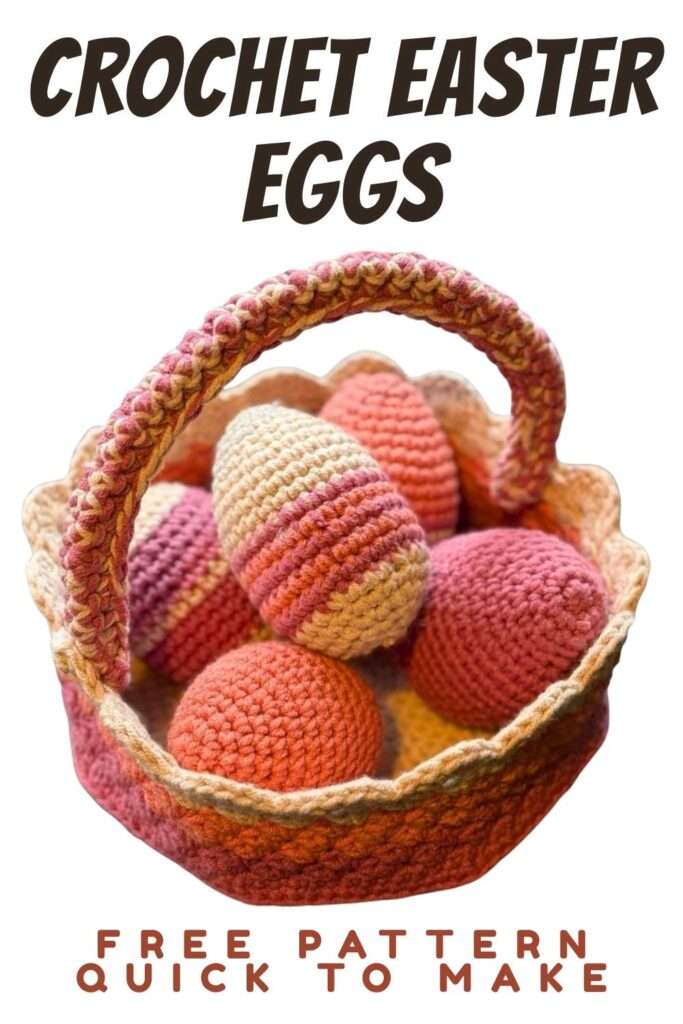 photos of crochet easter eggs in a crochet basket