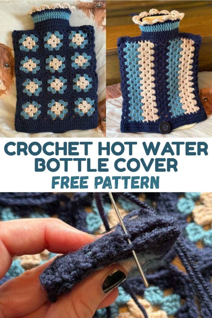 photos of a crochet hot water bottle cover