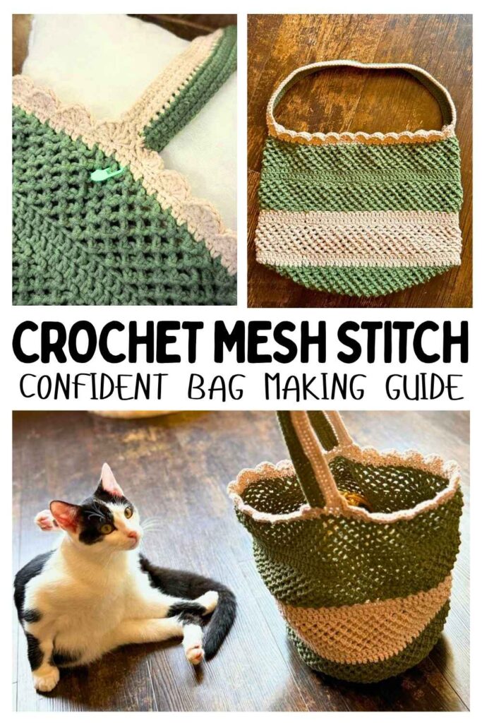 photo of stages in making a crochet mesh stitch bag