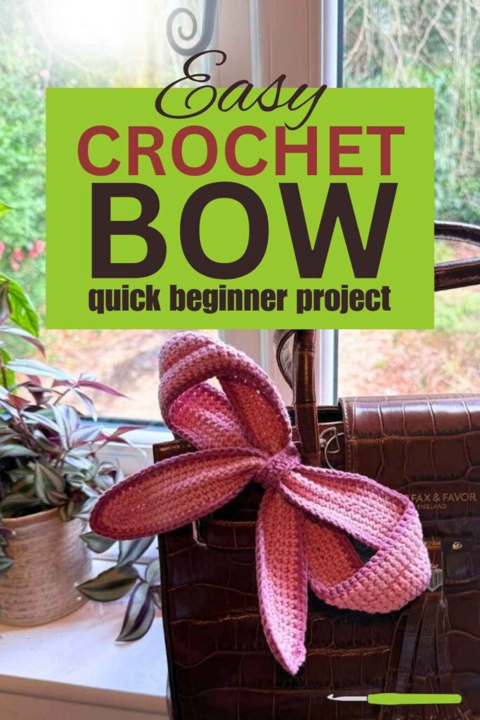 photo of a crochet bow on a brown leather handbag