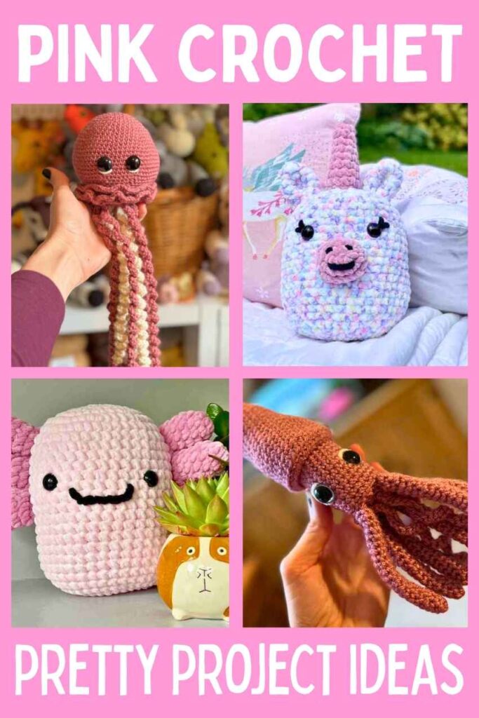 photos of pink crochet toys