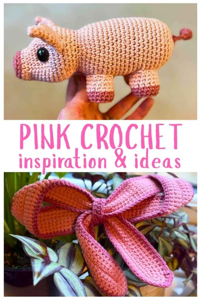 photo of a pink crochet pig above a photo of a pink crochet bow
