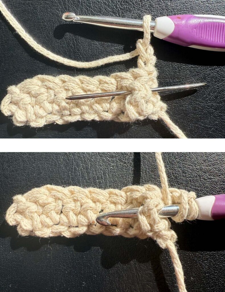 demonstration of where to make the front post double crochet