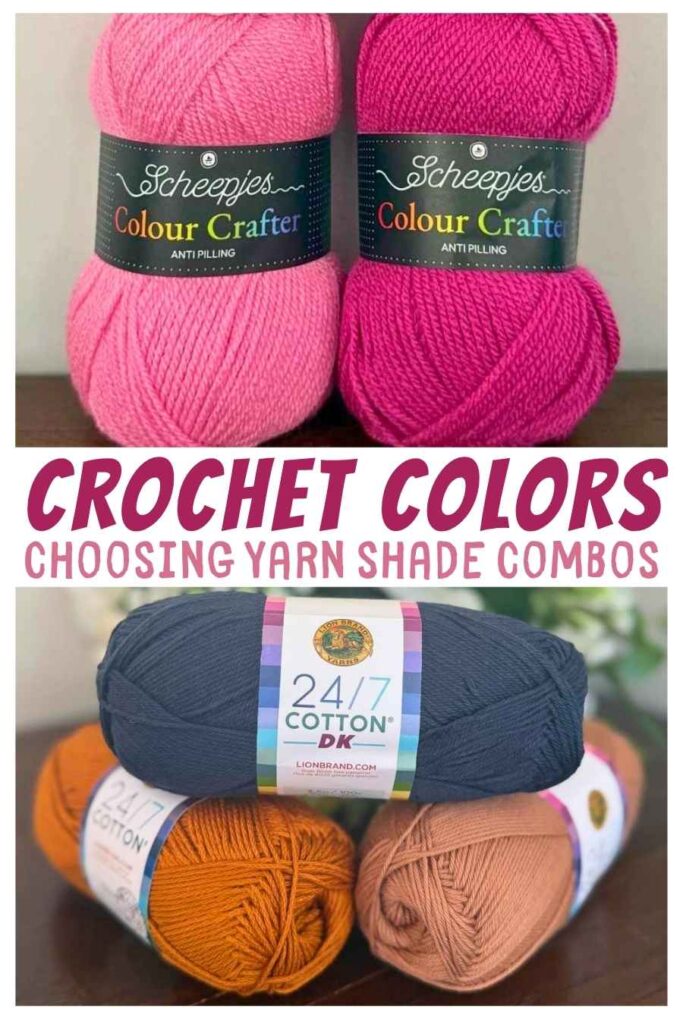 photo of pink yarn above a photo of grey and terracotta colored yarns