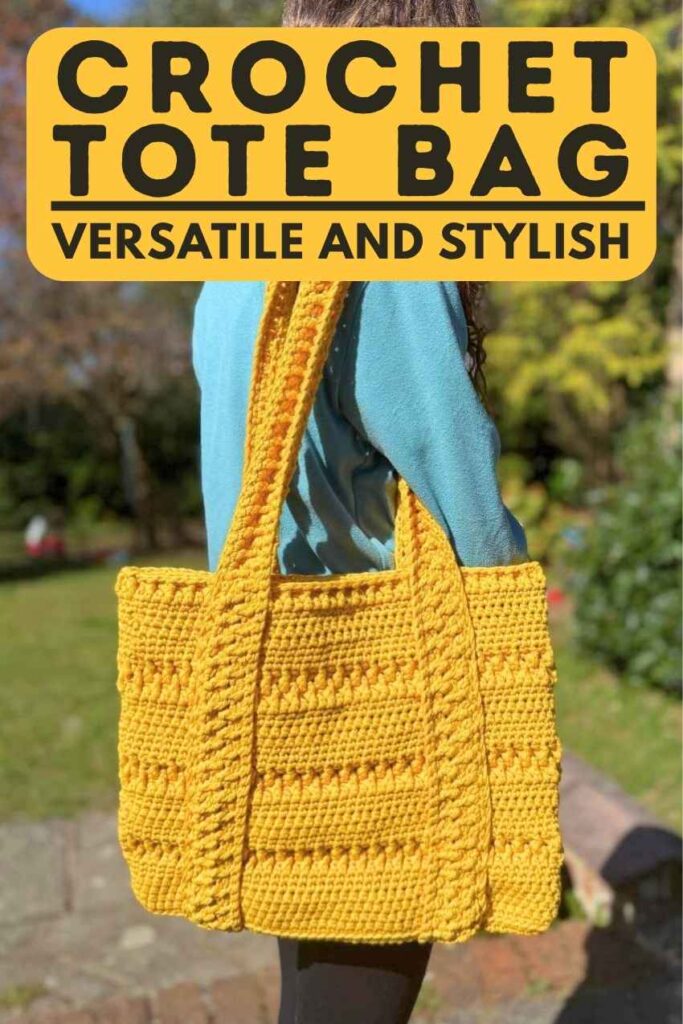 photo of a large yellow crochet tote bag with textured stripes