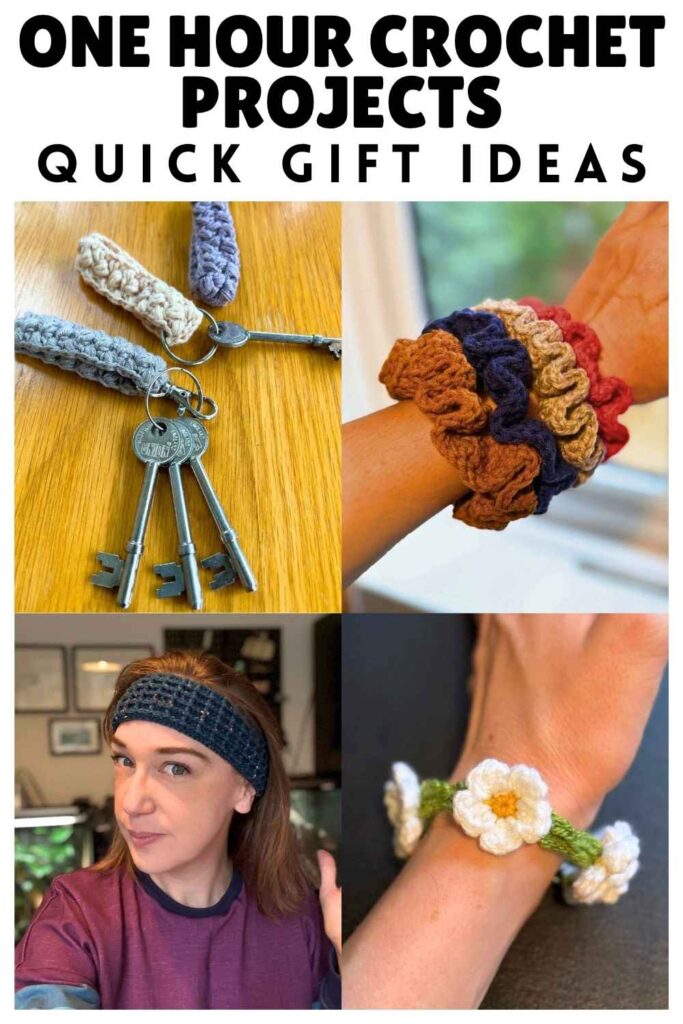 photos of crochet keychain, scrunchies, bracelet and headband