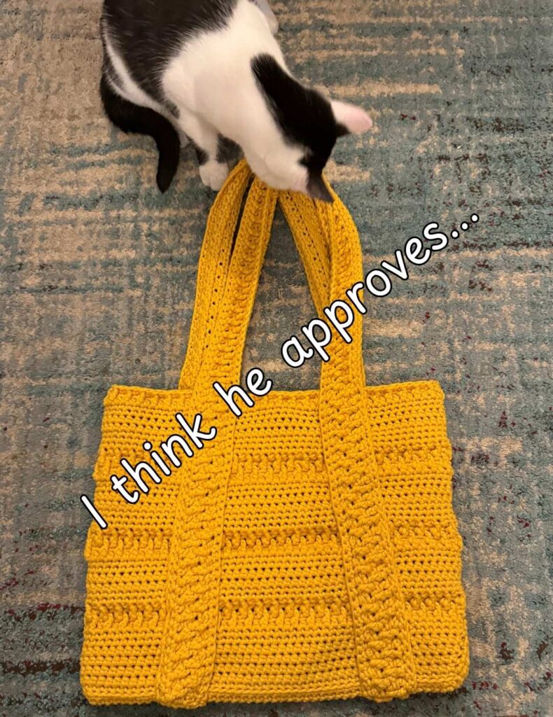 the finished crochet tote bag being inspected by my cat