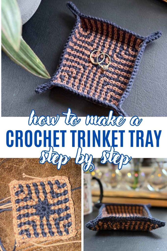 photos of a crochet trinket tray