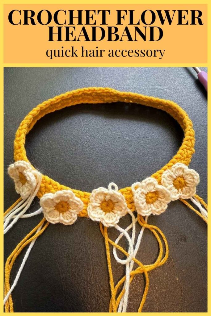 photo of construction stage of a crochet flower headband