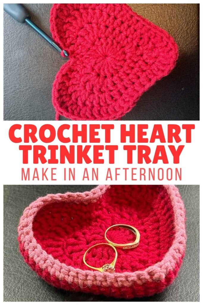 photo of a crochet heart trinket tray