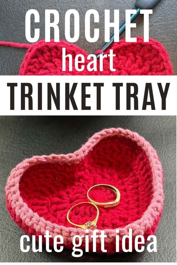 photos of a crochet heart trinket tray