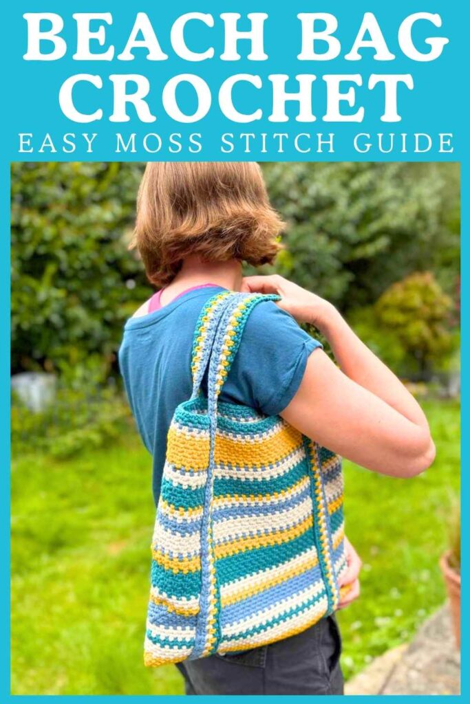 photo of a blue striped crochet beach bag