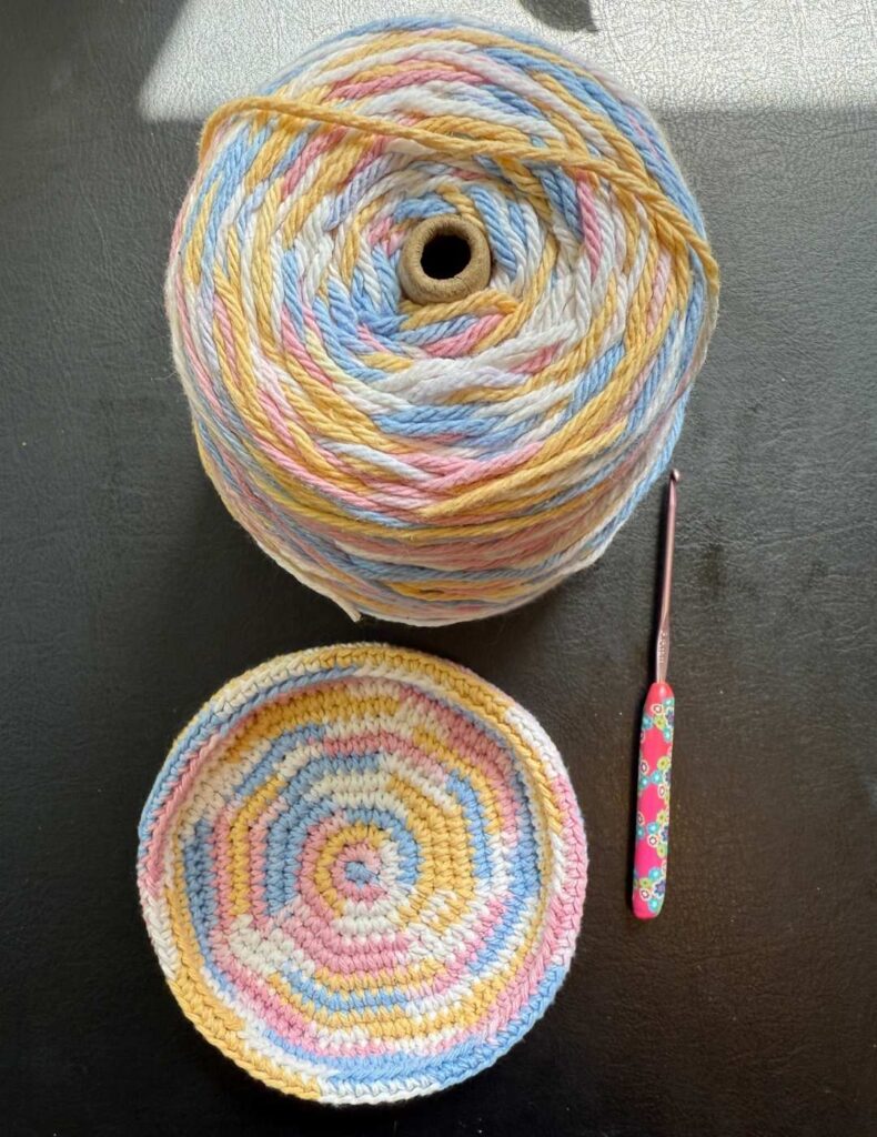 the dish with my huge reel of yarn
