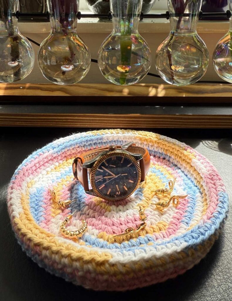 crochet trinket dish with my jewellery in it