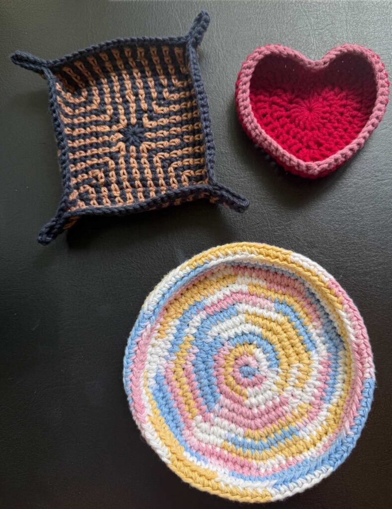 three crochet trinket dishes