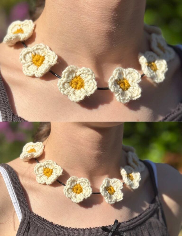 two images of the multiple daisy crochet flower necklace