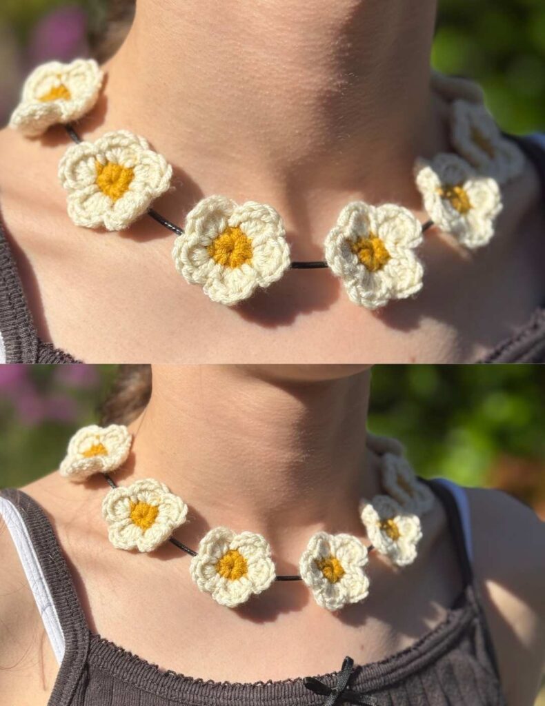 two images of the multiple daisy crochet flower necklace