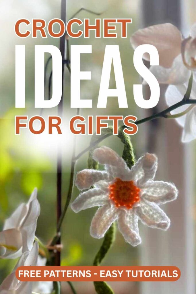 photo of a daisy crochet bookmark with text overlay that reads: Crochet Ideas For Gifts
