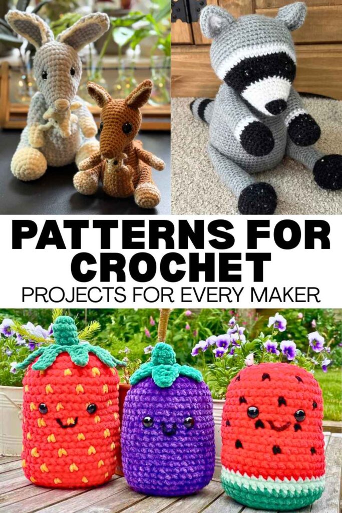 photos of crocheted toys with text overlay that reads: patterns for crochet